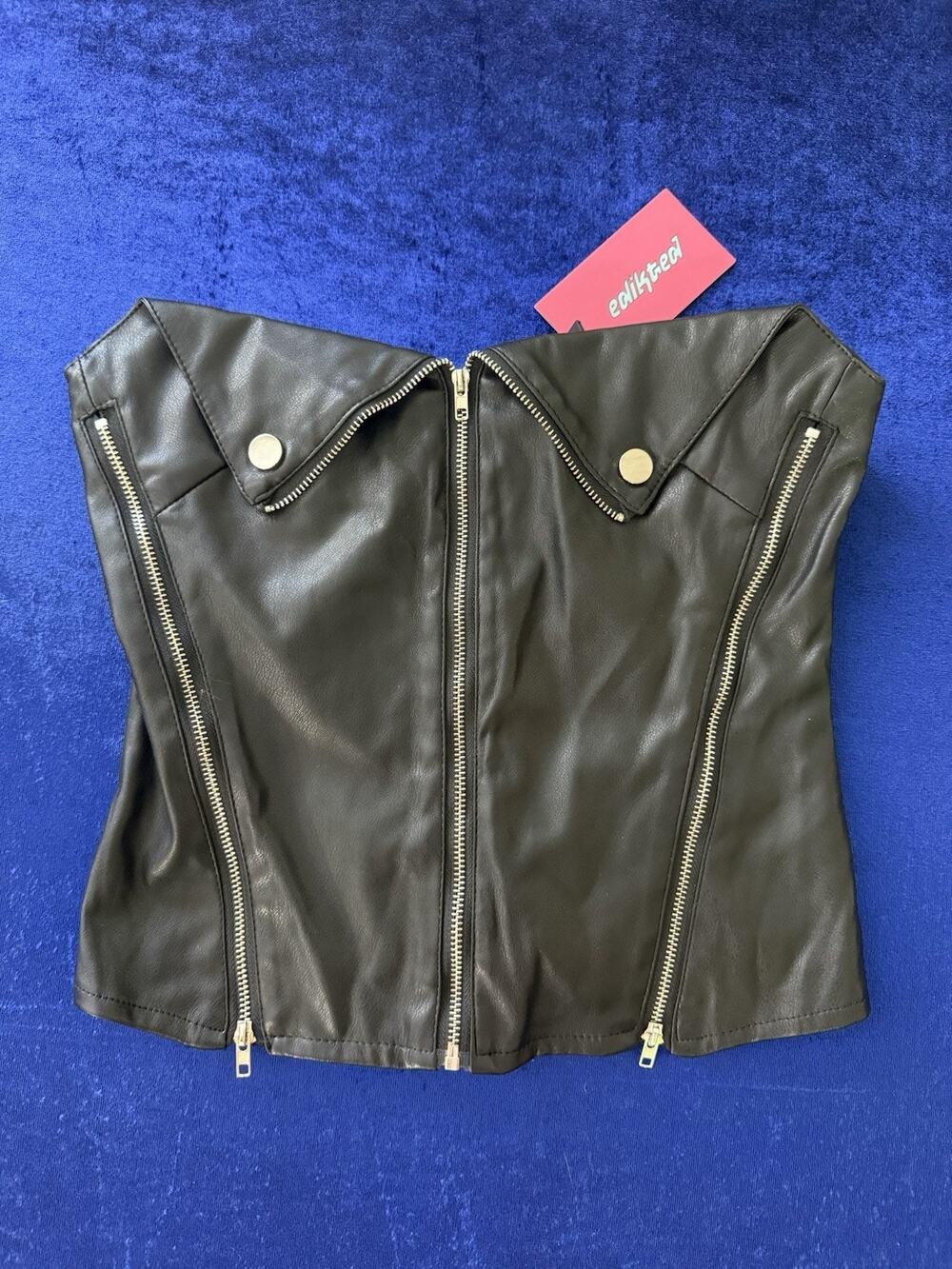 NWT Edikted Faux Leather Moto Biker Strapless Tube Top Corset Black Size S